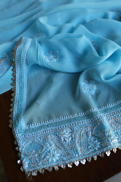 Sky Blue Superfine Pure Georgette Chikankari Kurta Set