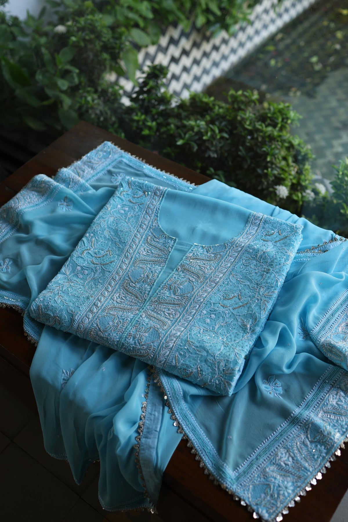 Sky Blue Superfine Pure Georgette Chikankari Kurta Set