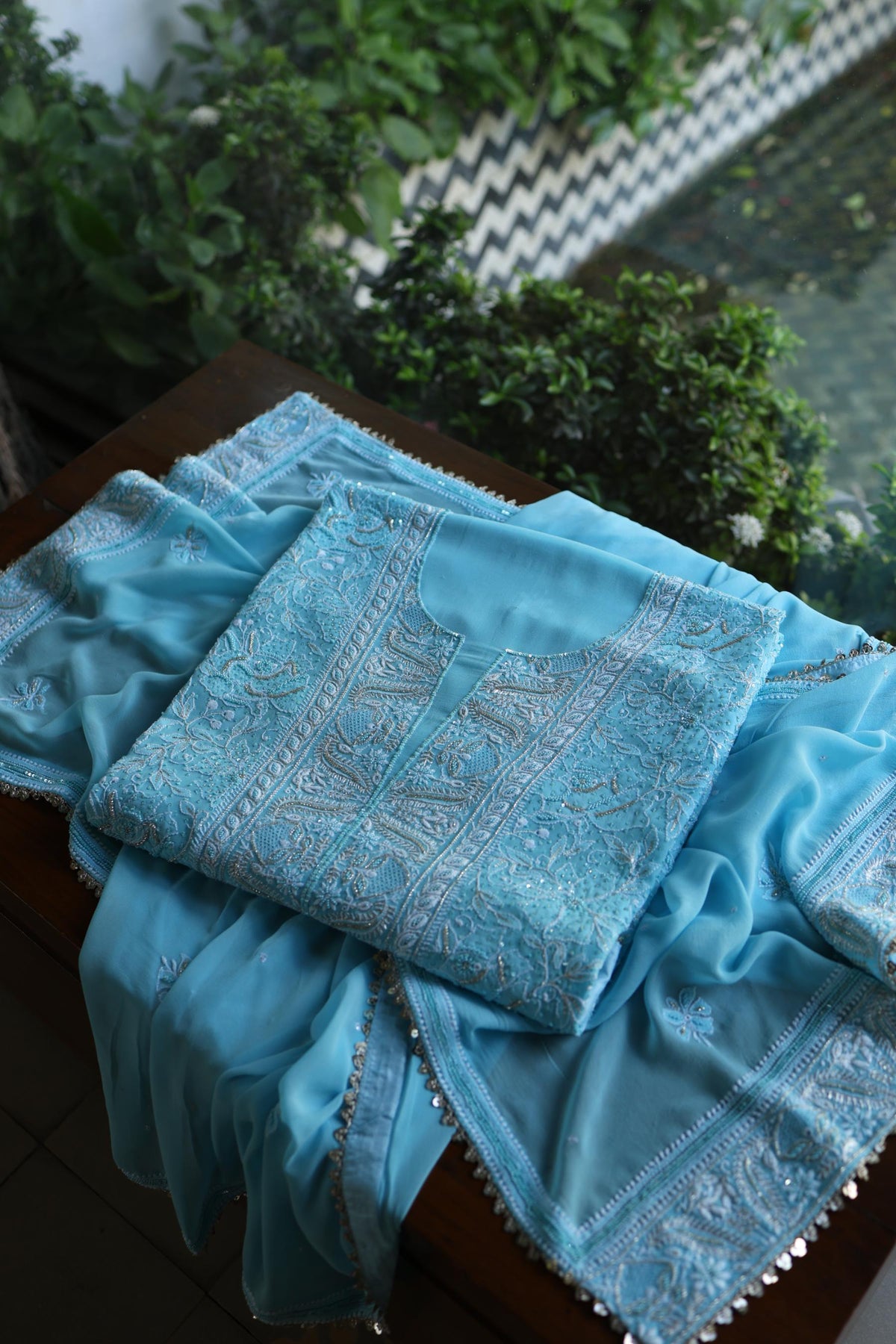 Sky Blue Superfine Pure Georgette Chikankari Kurta Set