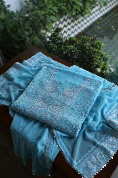 Sky Blue Superfine Pure Georgette Chikankari Kurta Set