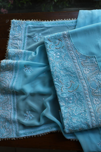 Sky Blue Superfine Pure Georgette Chikankari Kurta Set