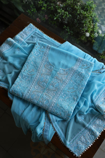 Sky Blue Superfine Pure Georgette Chikankari Kurta Set