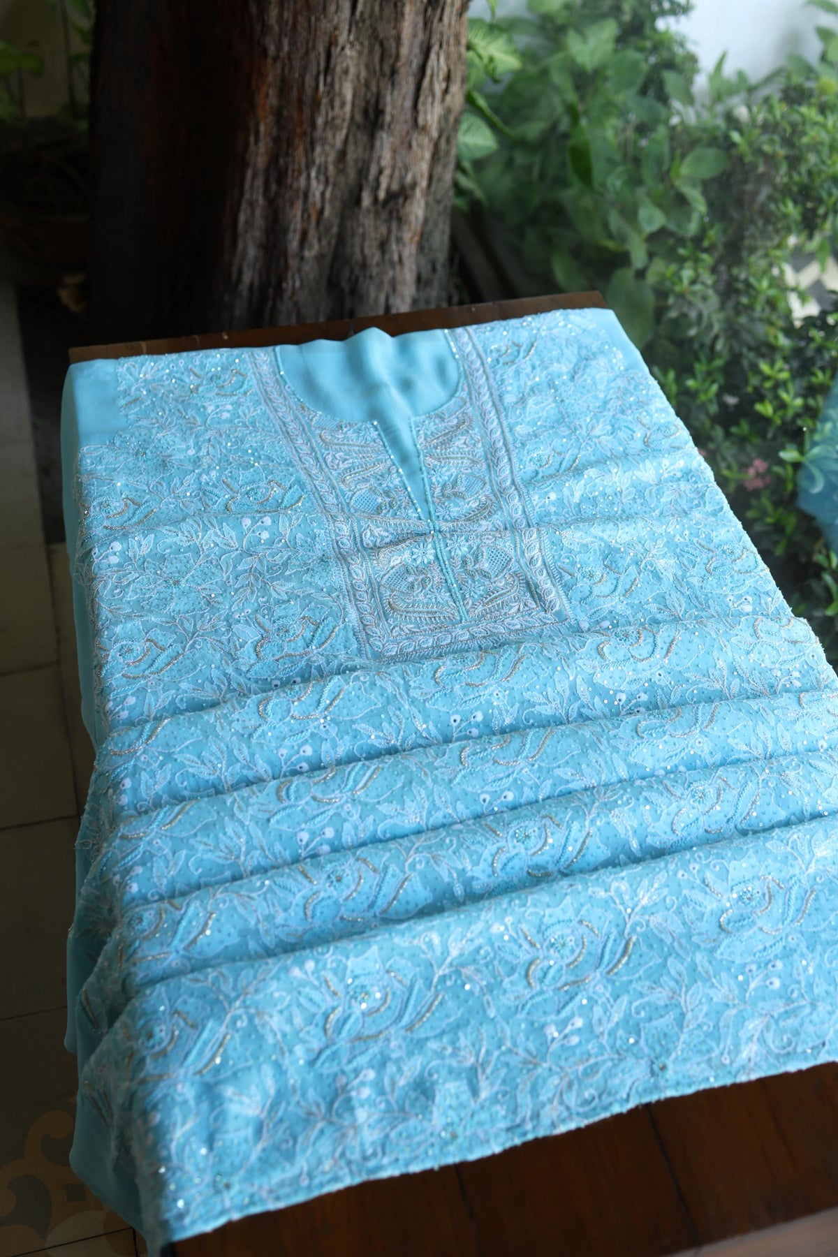 Sky Blue Superfine Pure Georgette Chikankari Kurta Set