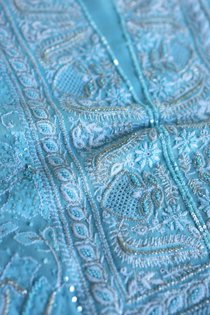 Sky Blue Superfine Pure Georgette Chikankari Kurta Set