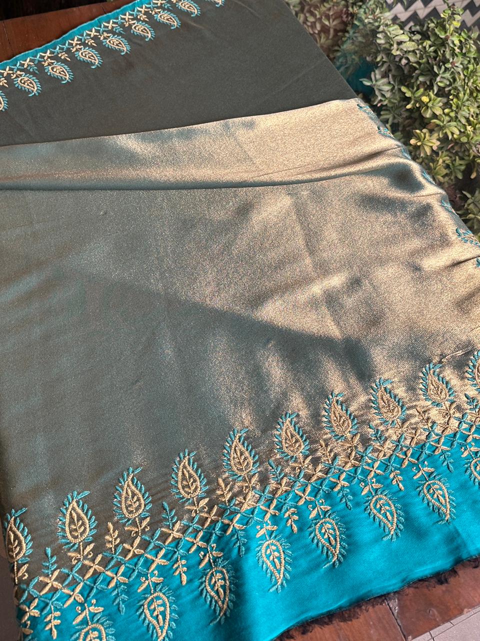 Sky Blue & Golden Shade Saman Tissue Silk Fine Chikankari Shawl