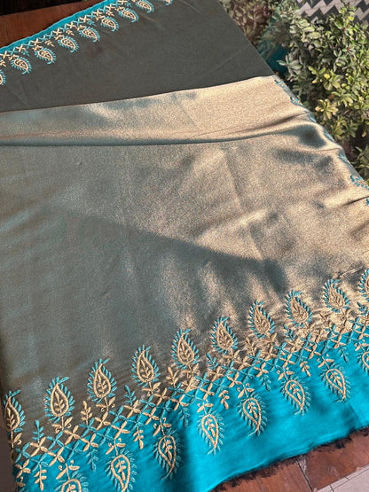 Sky Blue & Golden Shade Saman Tissue Silk Fine Chikankari Shawl