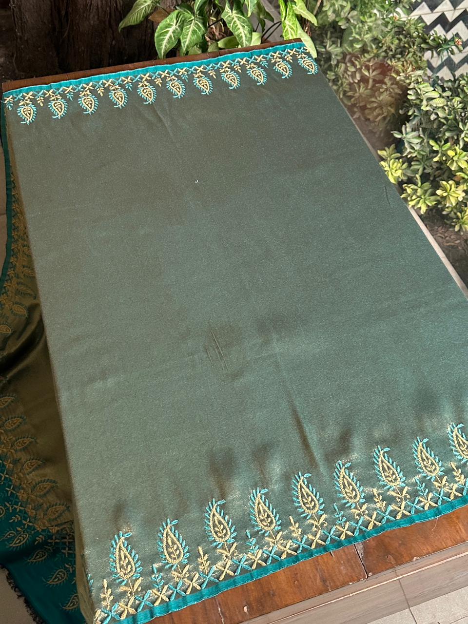 Sky Blue & Golden Shade Saman Tissue Silk Fine Chikankari Shawl