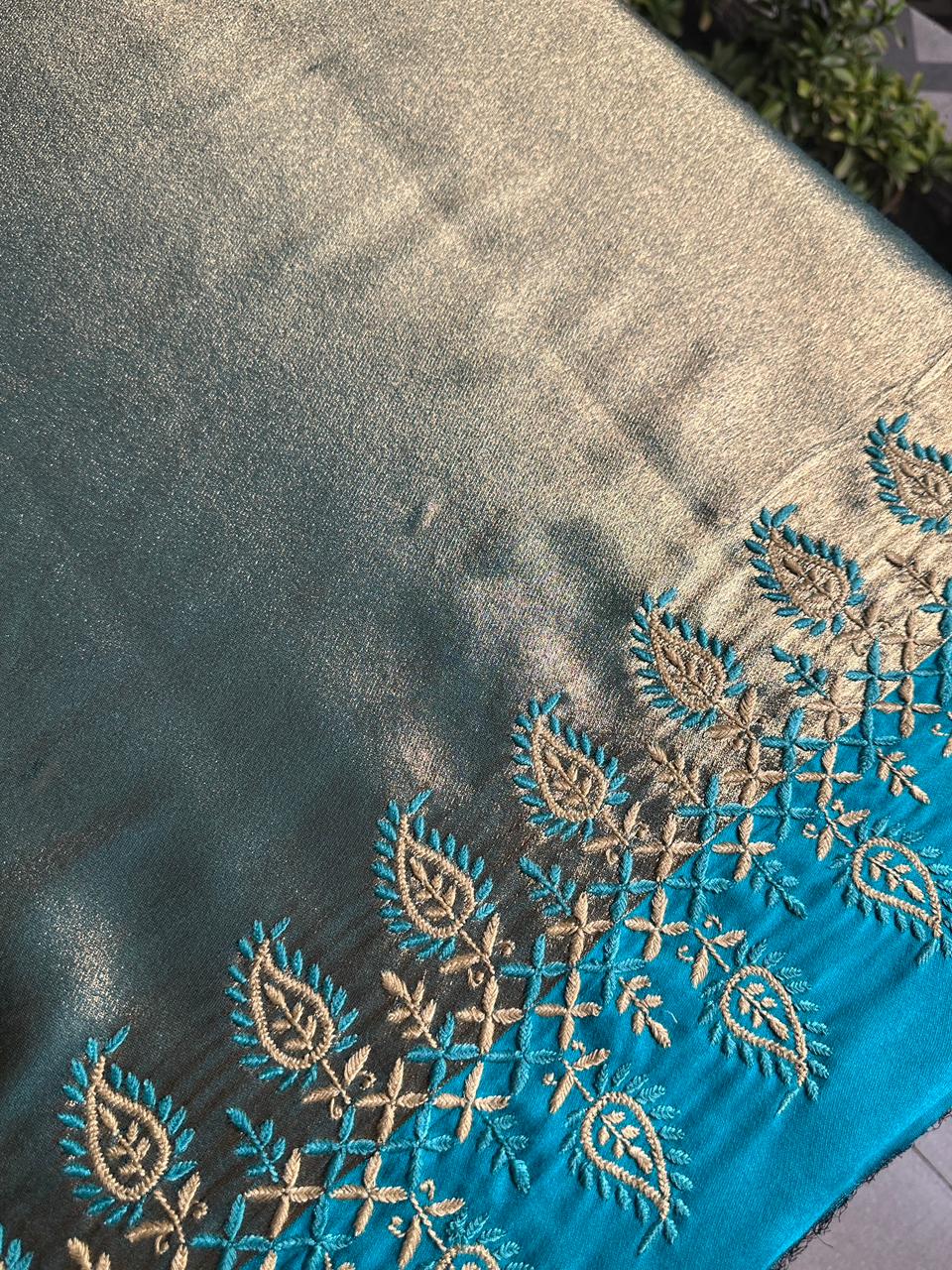 Sky Blue & Golden Shade Saman Tissue Silk Fine Chikankari Shawl