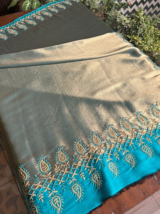 Sky Blue & Golden Shade Saman Tissue Silk Fine Chikankari Shawl