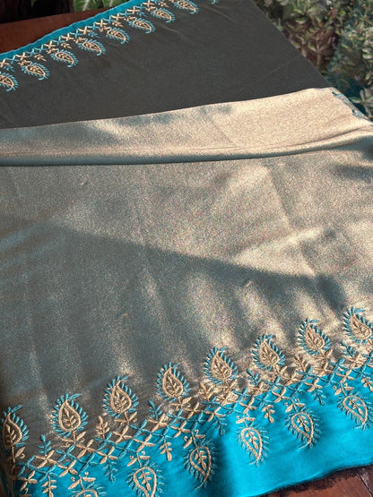 Sky Blue & Golden Shade Saman Tissue Silk Fine Chikankari Shawl