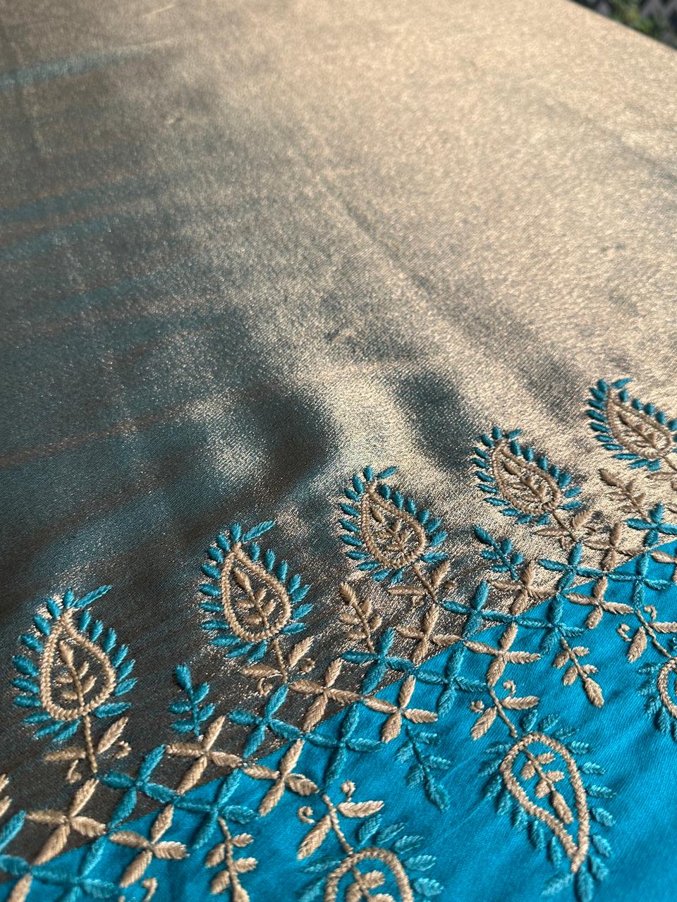 Sky Blue & Golden Shade Saman Tissue Silk Fine Chikankari Shawl