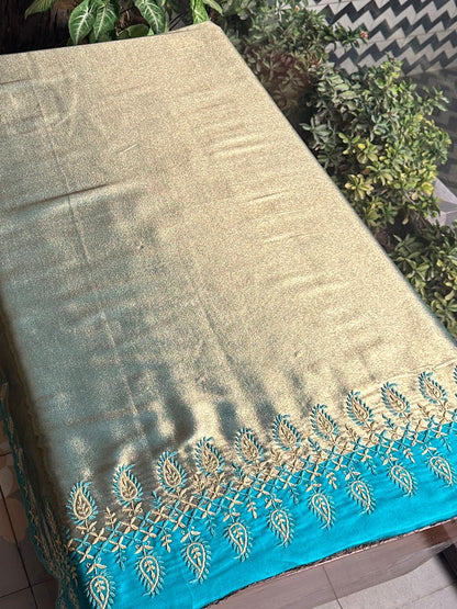 Sky Blue & Golden Shade Saman Tissue Silk Fine Chikankari Shawl