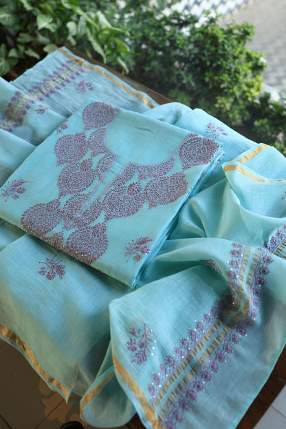 Sky Blue & Mauve Shade Mal Cotton Chikankari Unstitched Kurta Dupatta Fabrics With Kamdani