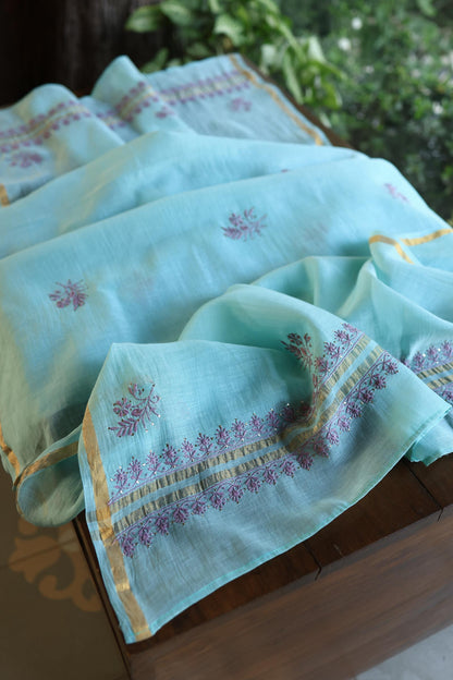 Sky Blue & Mauve Shade Mal Cotton Chikankari Unstitched Kurta Dupatta Fabrics With Kamdani
