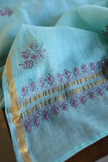 Sky Blue & Mauve Shade Mal Cotton Chikankari Unstitched Kurta Dupatta Fabrics With Kamdani