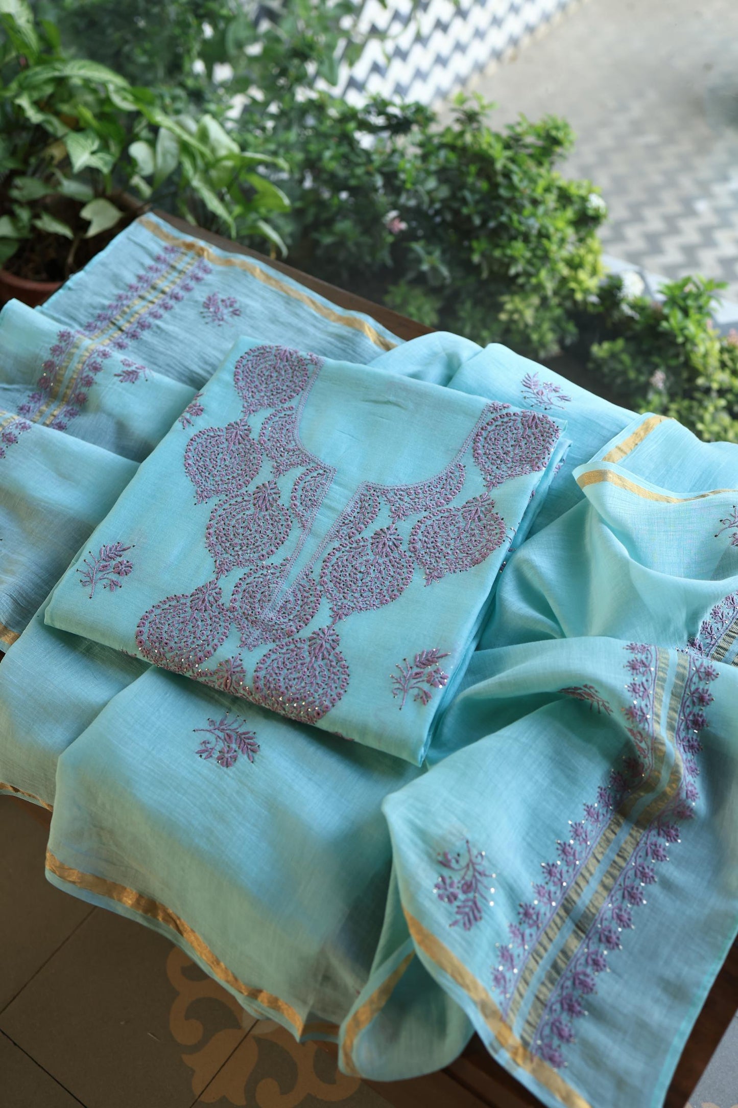 Sky Blue & Mauve Shade Mal Cotton Chikankari Unstitched Kurta Dupatta Fabrics With Kamdani