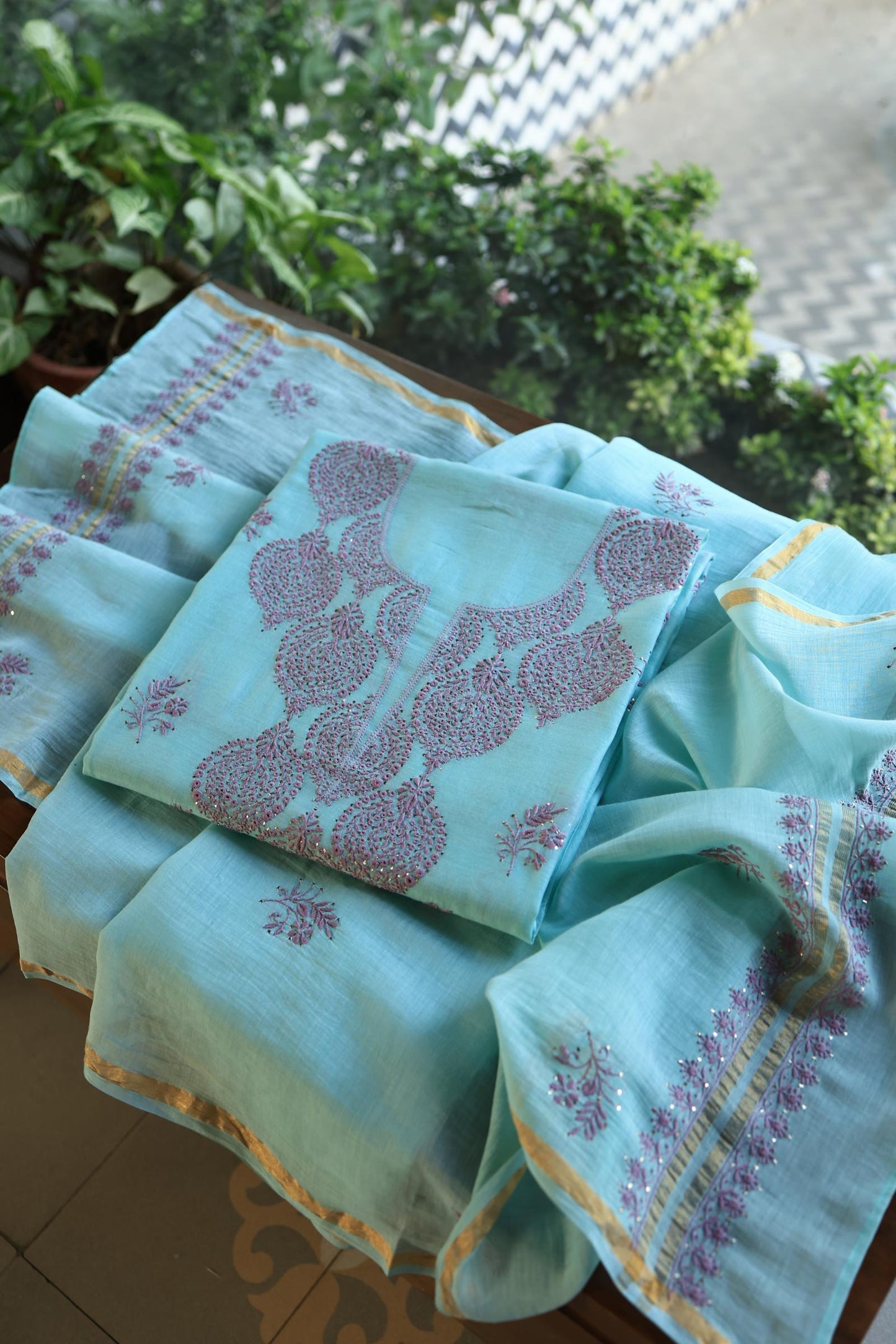 Sky Blue & Mauve Shade Mal Cotton Chikankari Unstitched Kurta Dupatta Fabrics With Kamdani