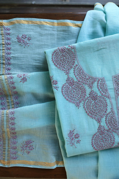 Sky Blue & Mauve Shade Mal Cotton Chikankari Unstitched Kurta Dupatta Fabrics With Kamdani