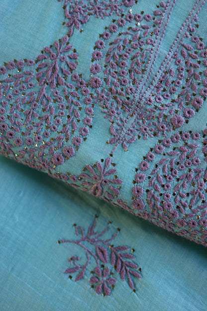 Sky Blue & Mauve Shade Mal Cotton Chikankari Unstitched Kurta Dupatta Fabrics With Kamdani