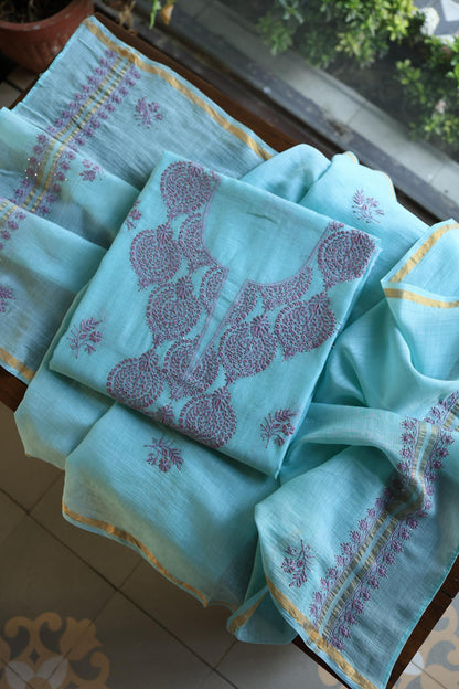 Sky Blue & Mauve Shade Mal Cotton Chikankari Unstitched Kurta Dupatta Fabrics With Kamdani