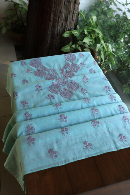 Sky Blue & Mauve Shade Mal Cotton Chikankari Unstitched Kurta Dupatta Fabrics With Kamdani