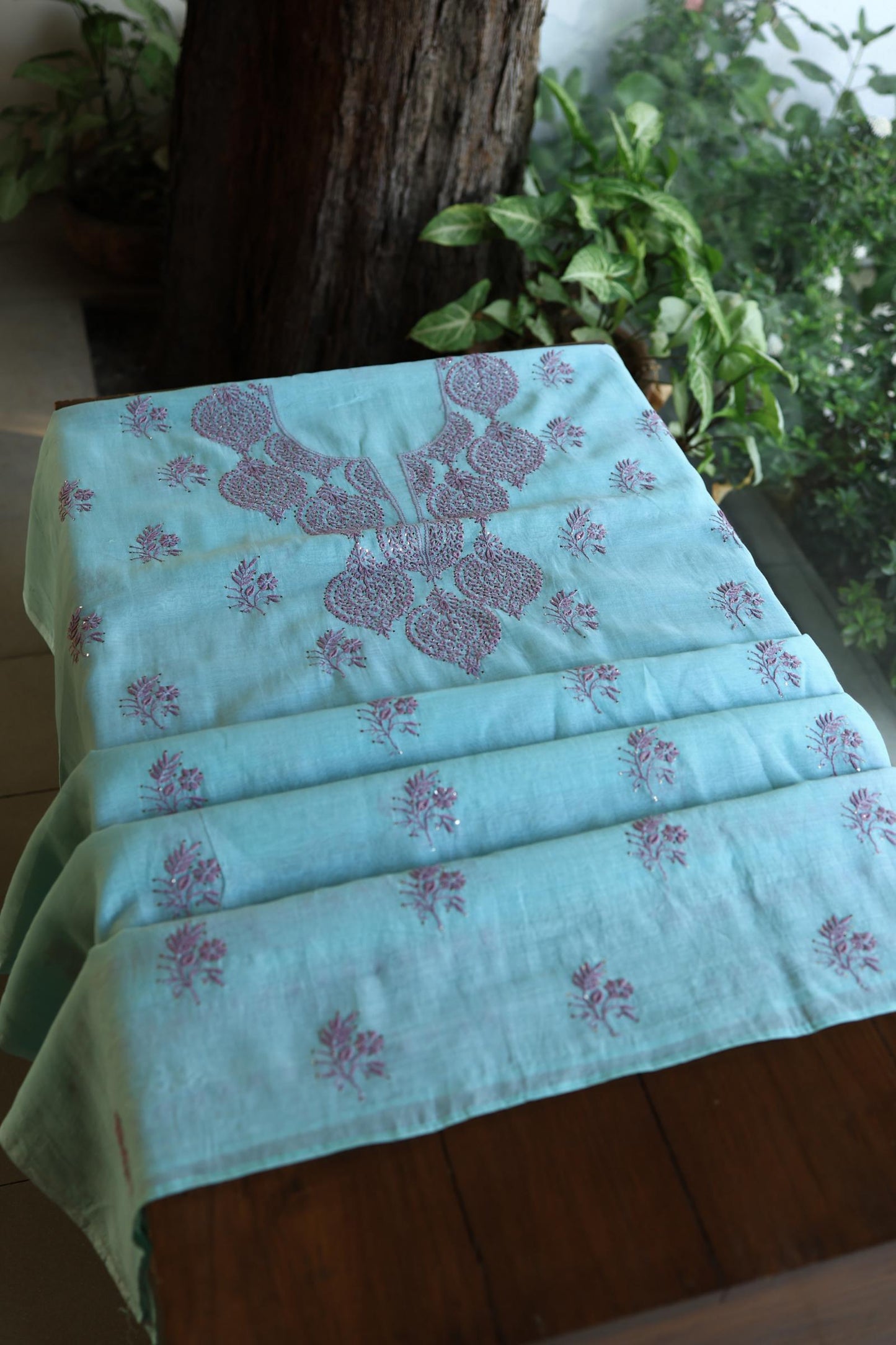 Sky Blue & Mauve Shade Mal Cotton Chikankari Unstitched Kurta Dupatta Fabrics With Kamdani