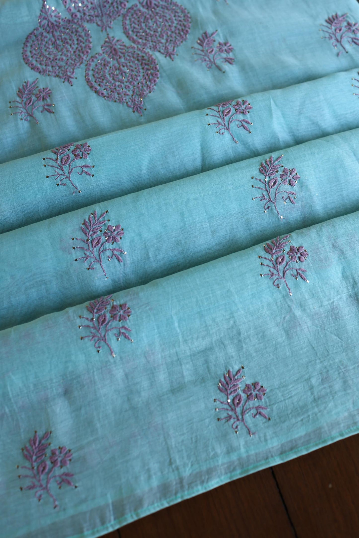 Sky Blue & Mauve Shade Mal Cotton Chikankari Unstitched Kurta Dupatta Fabrics With Kamdani