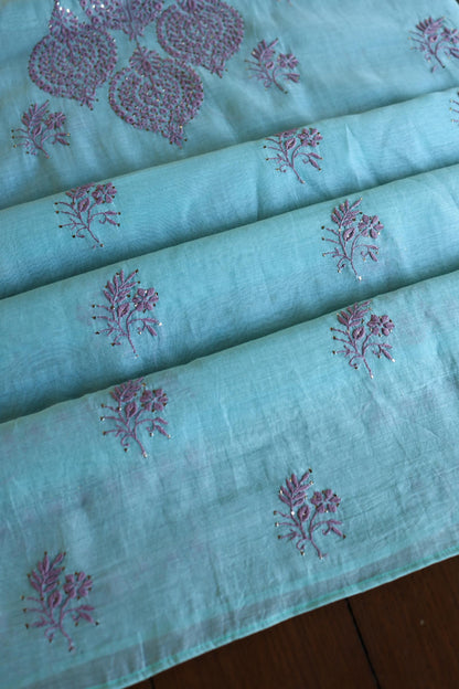 Sky Blue & Mauve Shade Mal Cotton Chikankari Unstitched Kurta Dupatta Fabrics With Kamdani