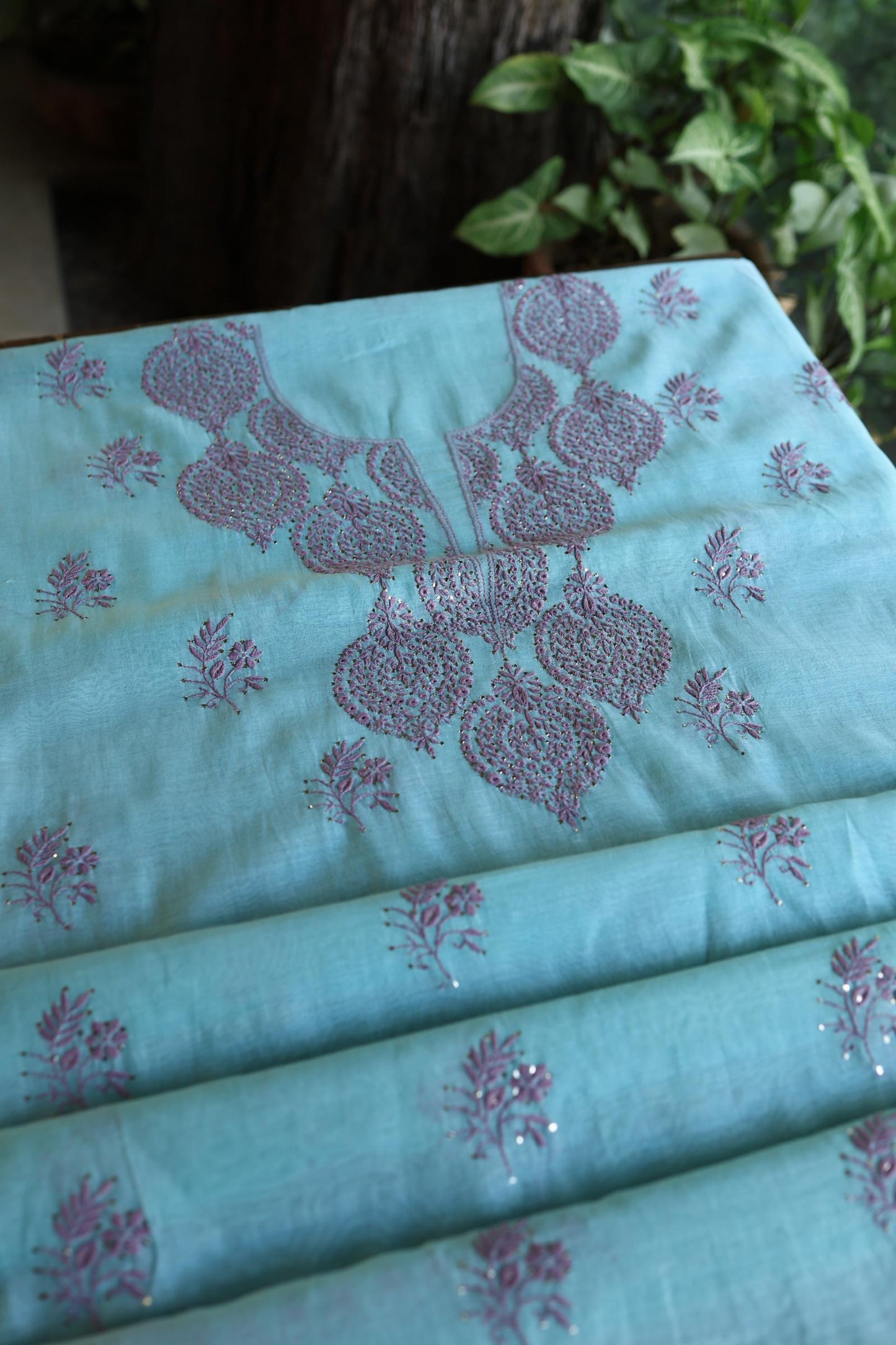 Sky Blue & Mauve Shade Mal Cotton Chikankari Unstitched Kurta Dupatta Fabrics With Kamdani