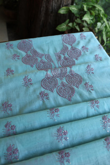 Sky Blue & Mauve Shade Mal Cotton Chikankari Unstitched Kurta Dupatta Fabrics With Kamdani