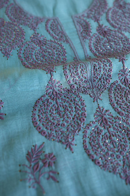 Sky Blue & Mauve Shade Mal Cotton Chikankari Unstitched Kurta Dupatta Fabrics With Kamdani
