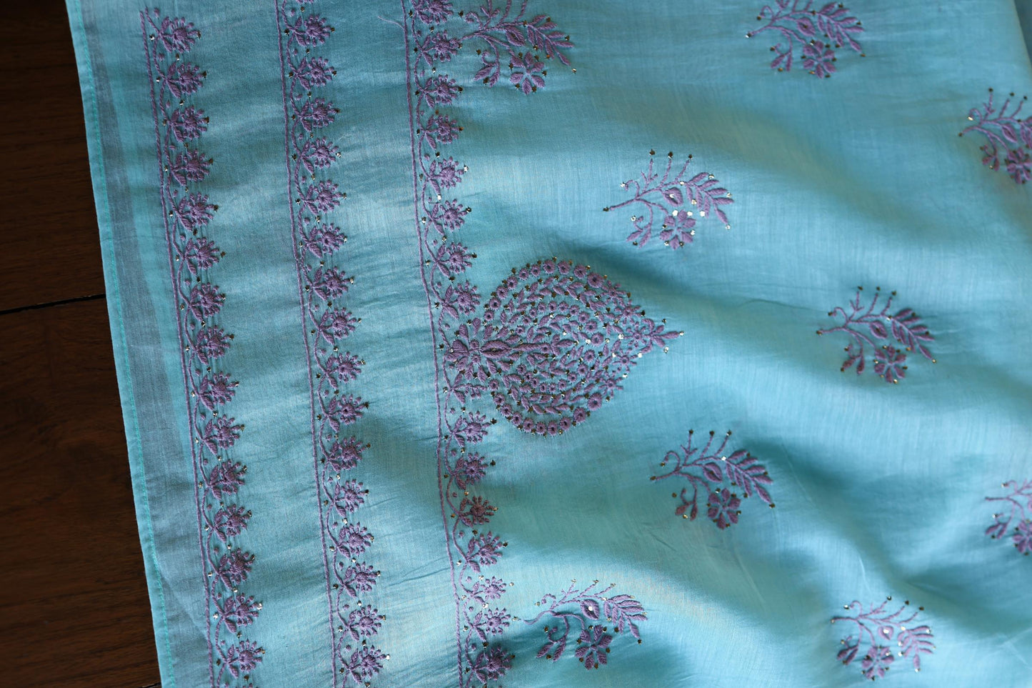 Sky Blue & Mauve Shade Mal Cotton Chikankari Unstitched Kurta Dupatta Fabrics With Kamdani