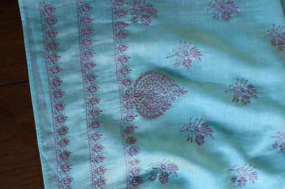 Sky Blue & Mauve Shade Mal Cotton Chikankari Unstitched Kurta Dupatta Fabrics With Kamdani