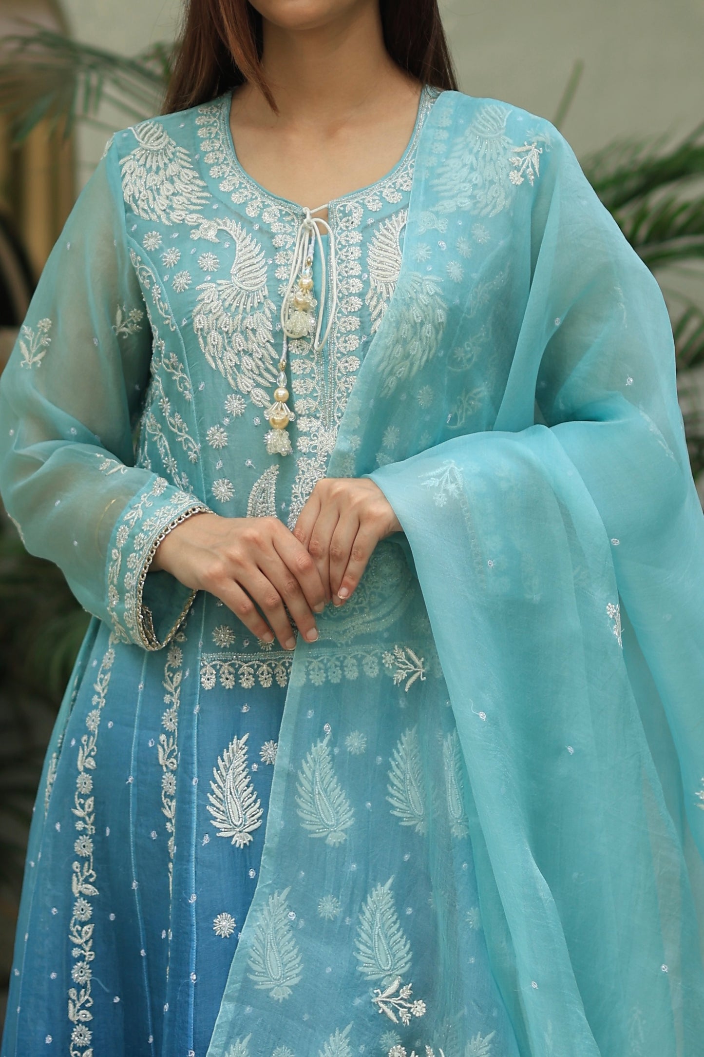Sky Blue & Teal Green Ombre Shade Noor Organza Chikankari A Line Kurta With Dupatta