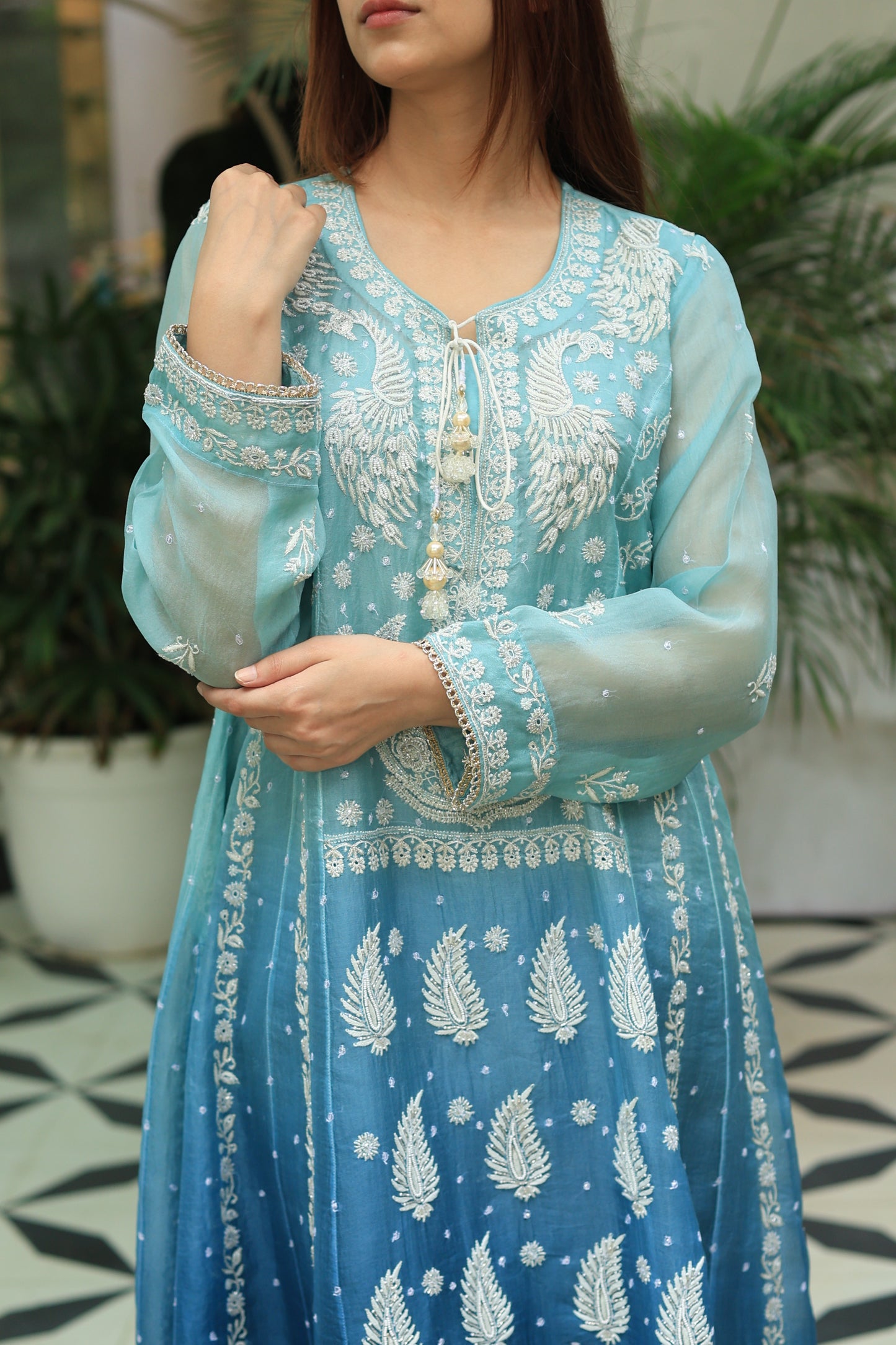 Sky Blue & Teal Green Ombre Shade Noor Organza Chikankari A Line Kurta With Dupatta