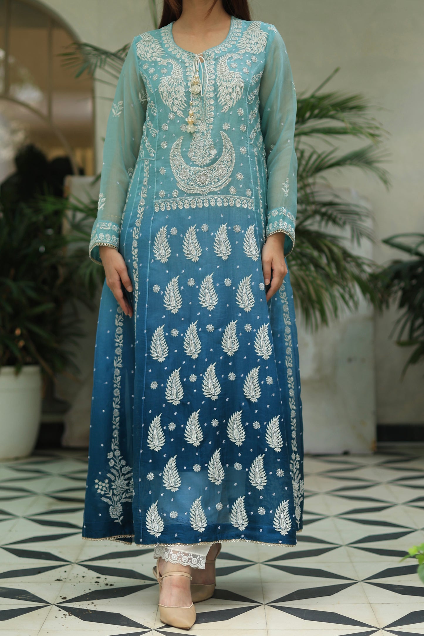 Sky Blue & Teal Green Ombre Shade Noor Organza Chikankari A Line Kurta With Dupatta