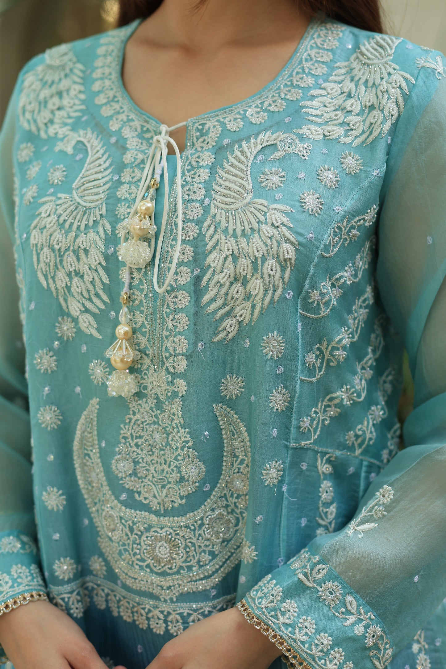 Sky Blue & Teal Green Ombre Shade Noor Organza Chikankari A Line Kurta With Dupatta