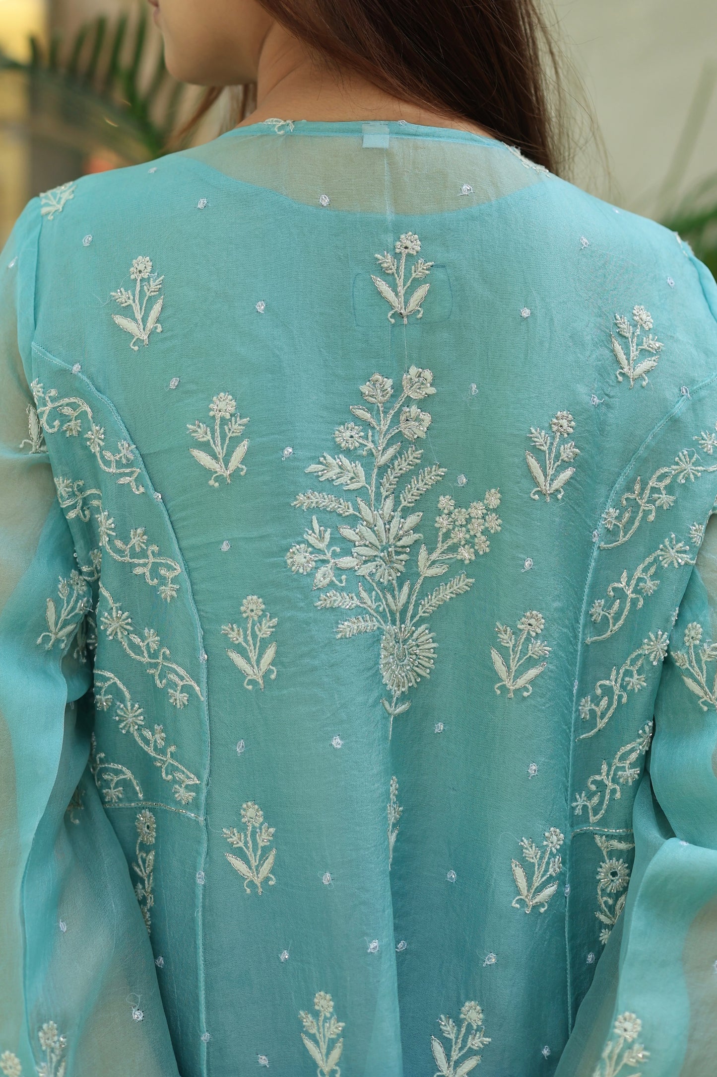 Sky Blue & Teal Green Ombre Shade Noor Organza Chikankari A Line Kurta With Dupatta