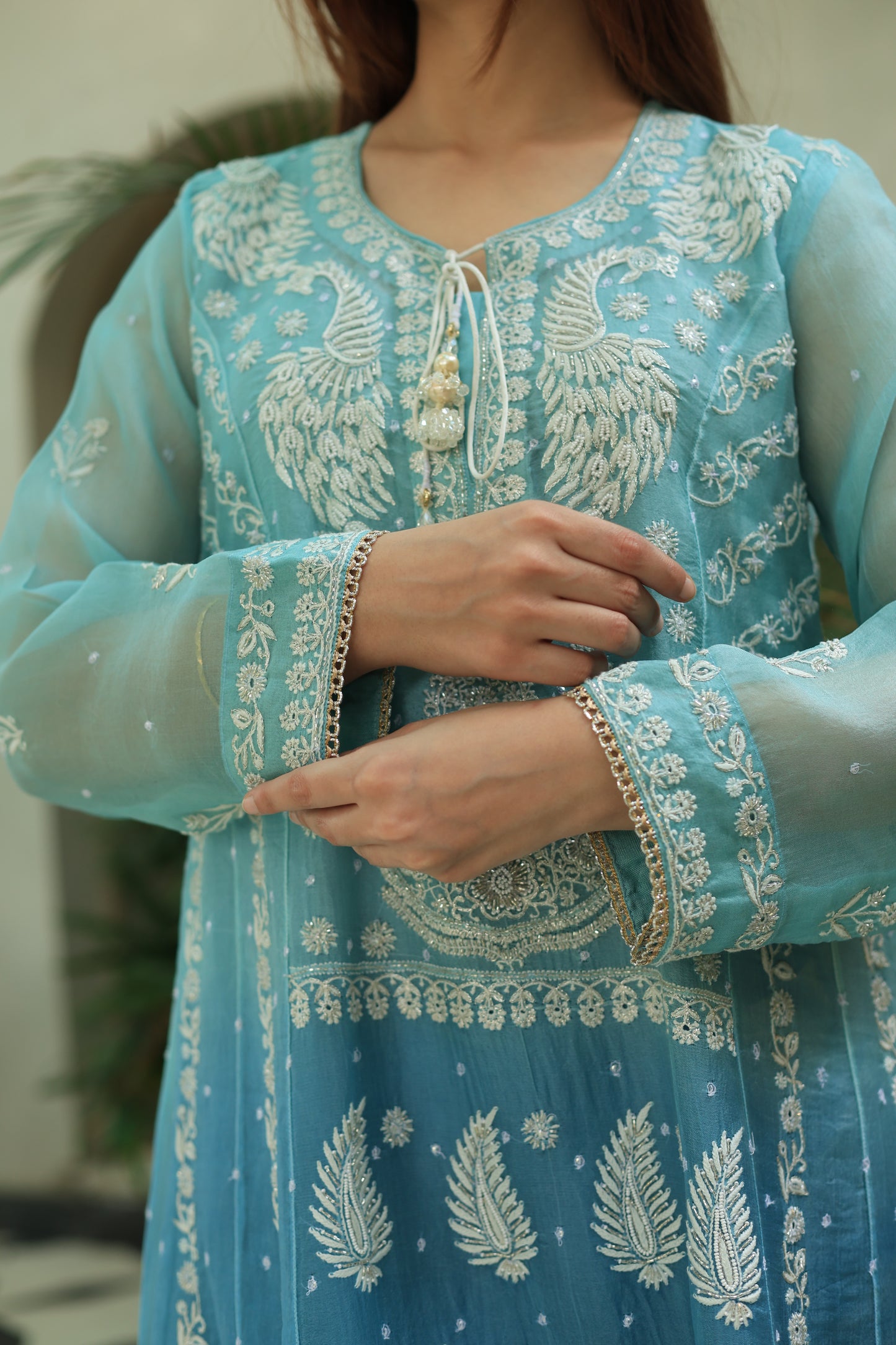 Sky Blue & Teal Green Ombre Shade Noor Organza Chikankari A Line Kurta With Dupatta