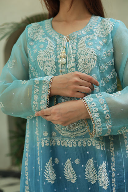 Sky Blue & Teal Green Ombre Shade Noor Organza Chikankari A Line Kurta With Dupatta