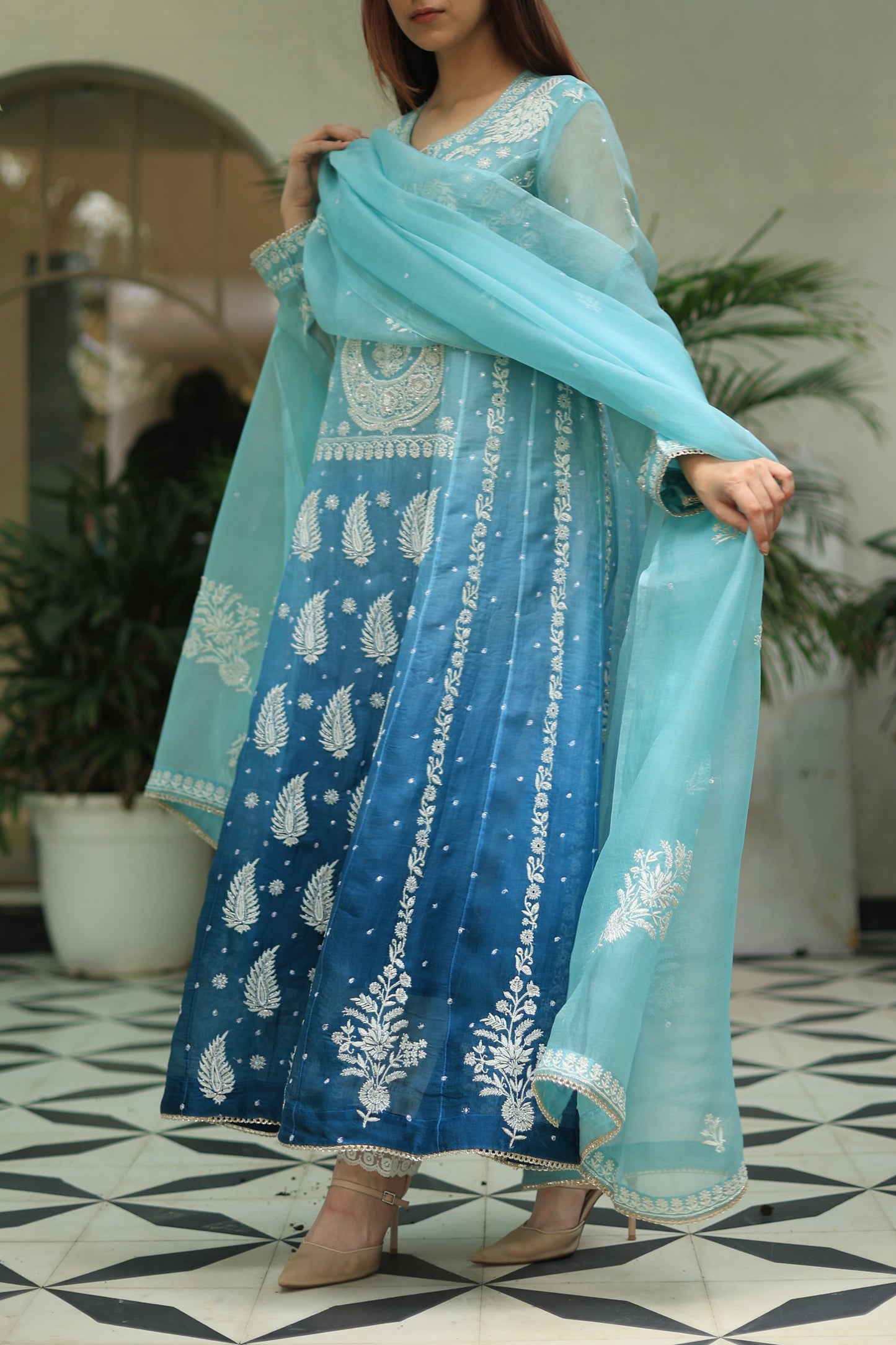 Sky Blue & Teal Green Ombre Shade Noor Organza Chikankari A Line Kurta With Dupatta