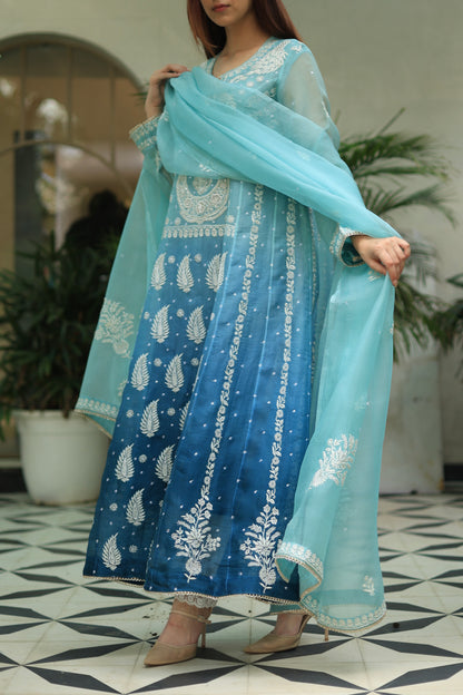 Sky Blue & Teal Green Ombre Shade Noor Organza Chikankari A Line Kurta With Dupatta
