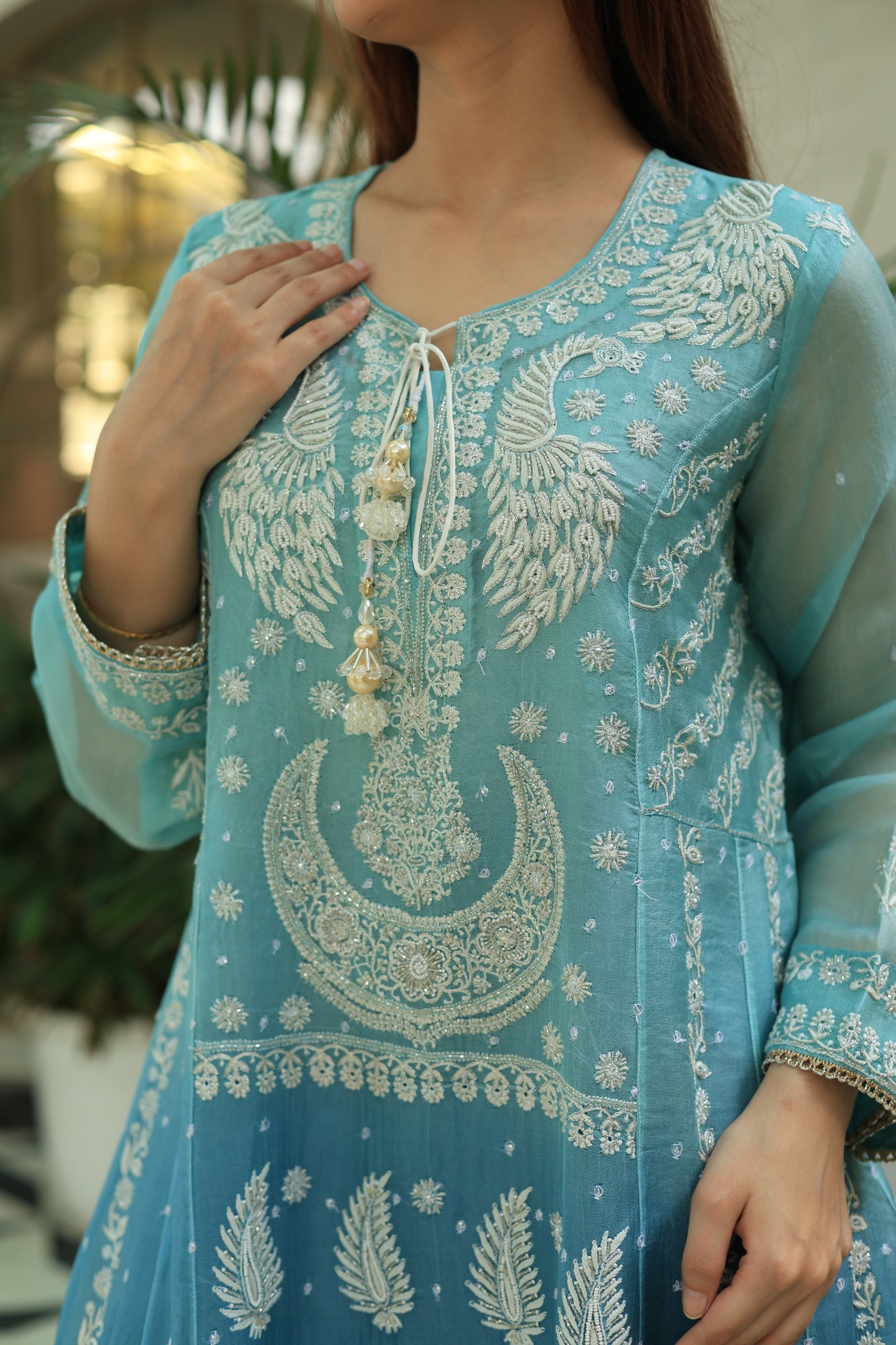 Sky Blue & Teal Green Ombre Shade Noor Organza Chikankari A Line Kurta With Dupatta