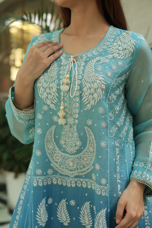 Sky Blue & Teal Green Ombre Shade Noor Organza Chikankari A Line Kurta With Dupatta