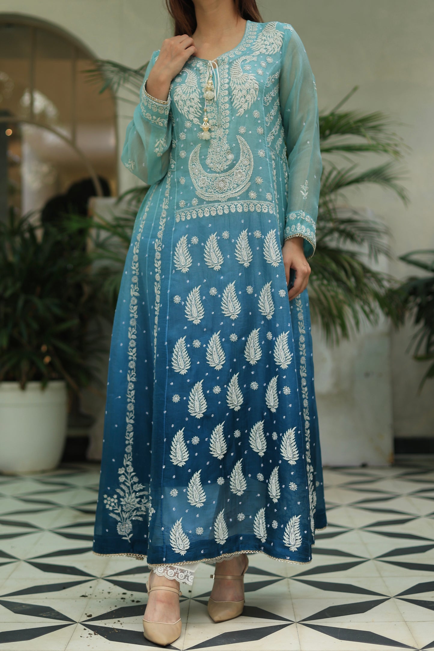 Sky Blue & Teal Green Ombre Shade Noor Organza Chikankari A Line Kurta With Dupatta