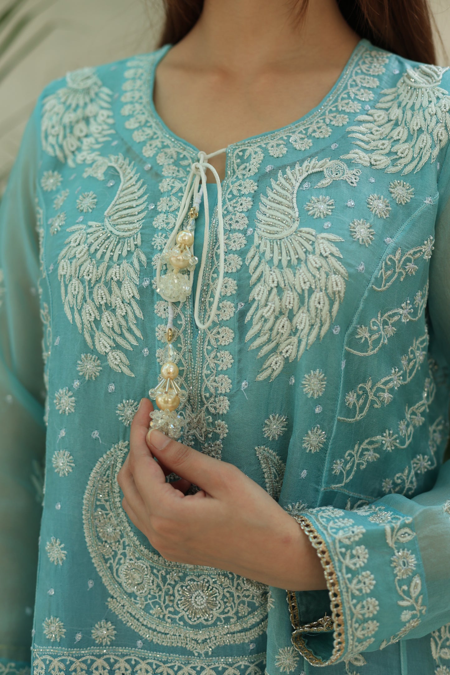 Sky Blue & Teal Green Ombre Shade Noor Organza Chikankari A Line Kurta With Dupatta