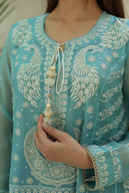 Sky Blue & Teal Green Ombre Shade Noor Organza Chikankari A Line Kurta With Dupatta