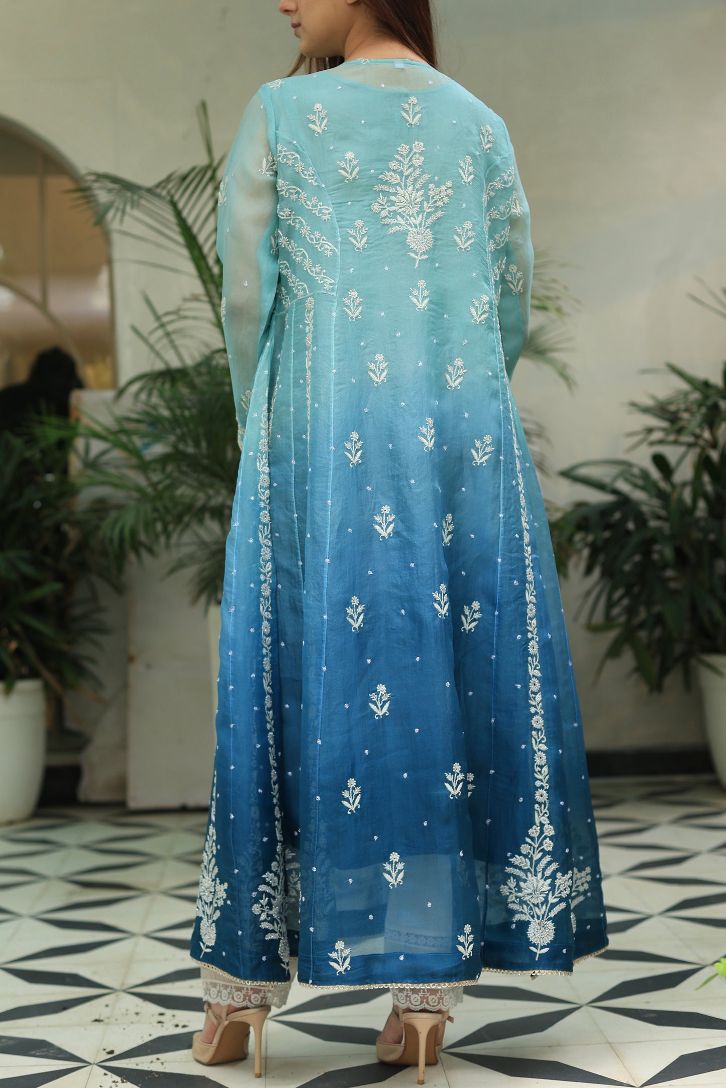 Sky Blue & Teal Green Ombre Shade Noor Organza Chikankari A Line Kurta With Dupatta