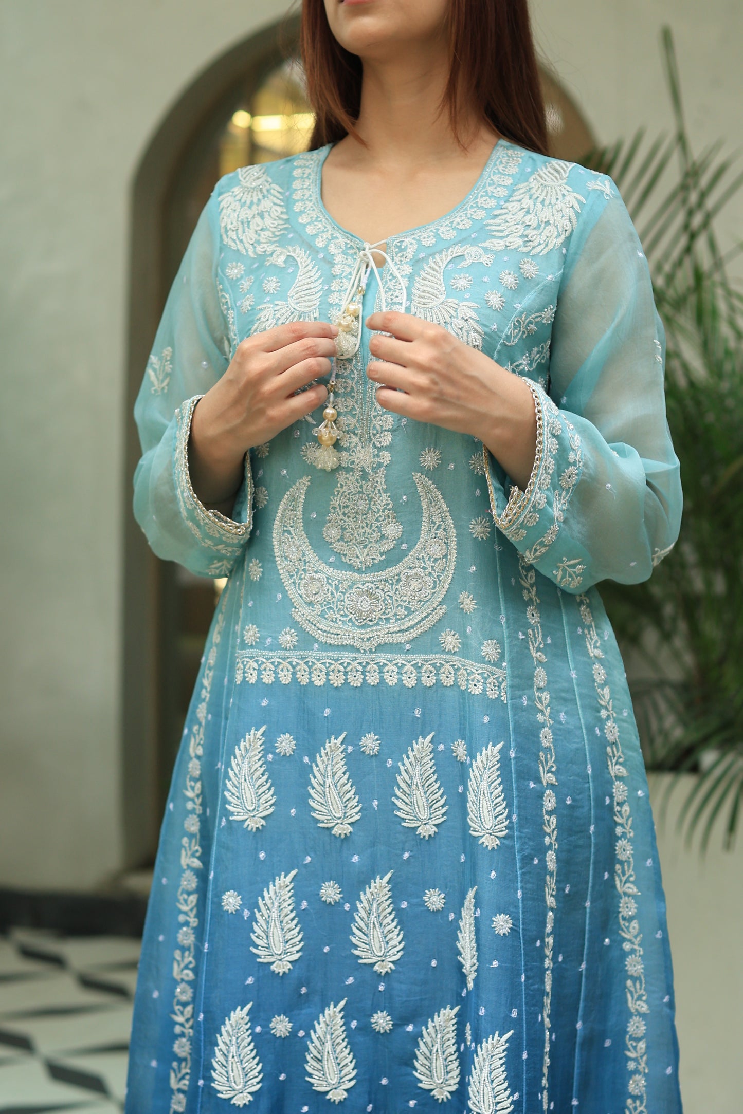 Sky Blue & Teal Green Ombre Shade Noor Organza Chikankari A Line Kurta With Dupatta
