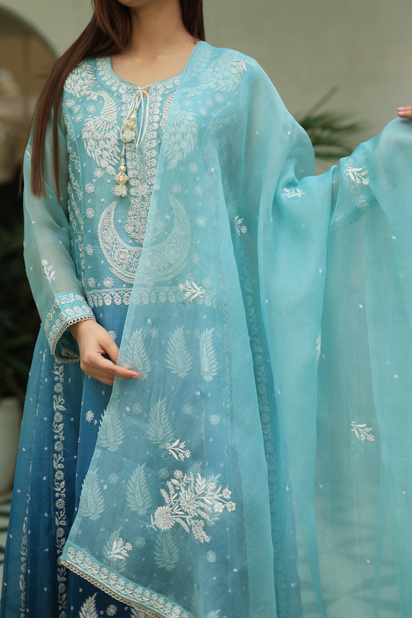 Sky Blue & Teal Green Ombre Shade Noor Organza Chikankari A Line Kurta With Dupatta